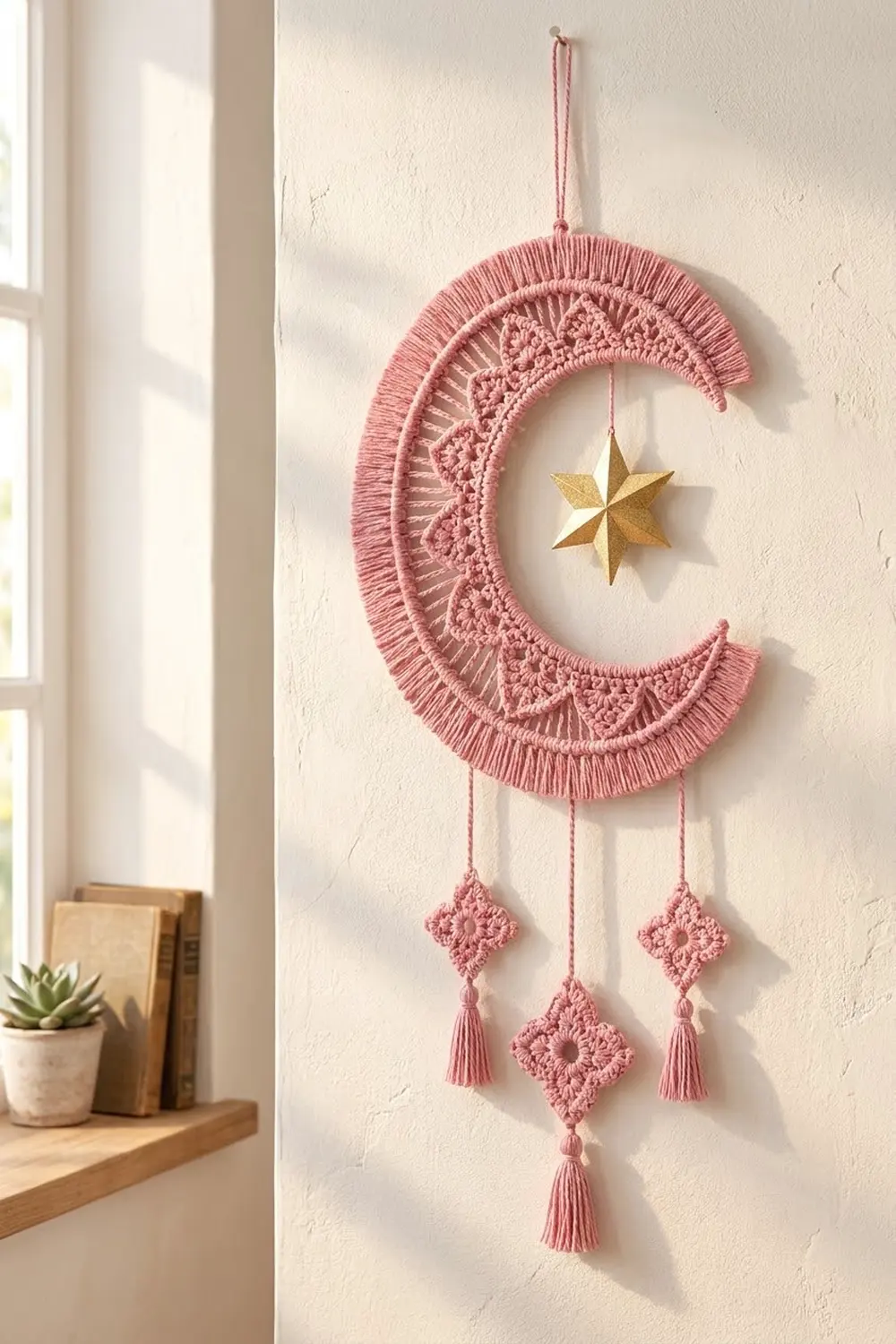 A pink macramé crescent moon wall hanging with a gold star and tassel charms displayed on a white wall near a window.