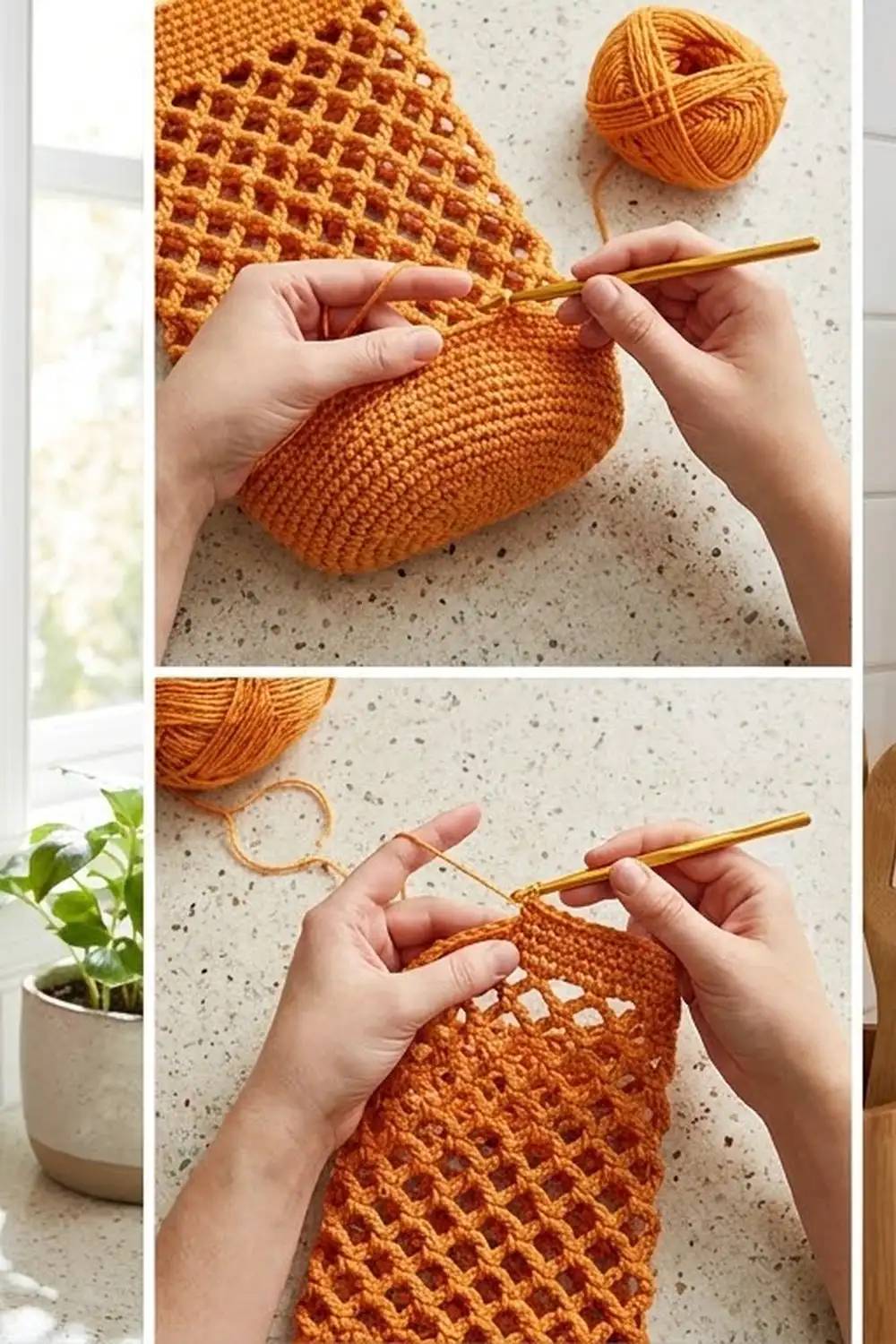Hands crocheting an orange openwork blanket with a golden hook on a concrete surface with yarn ball nearby.