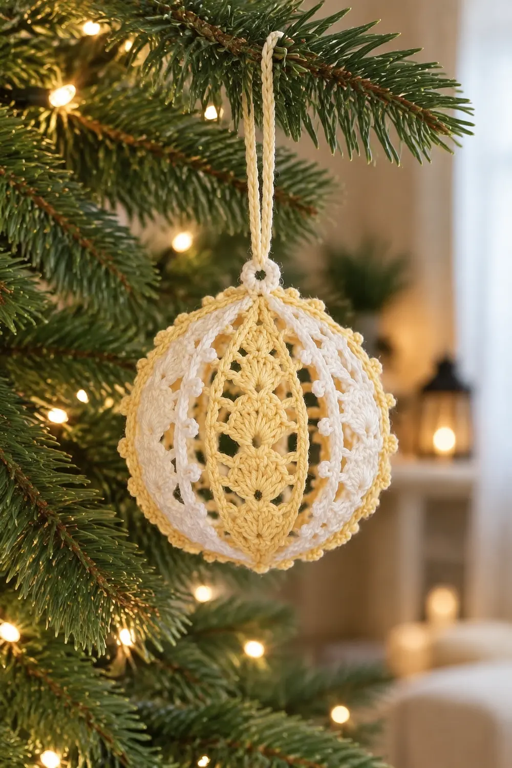 A cream and yellow crocheted egg ornament hangs from a rope on a lit Christmas tree branch.