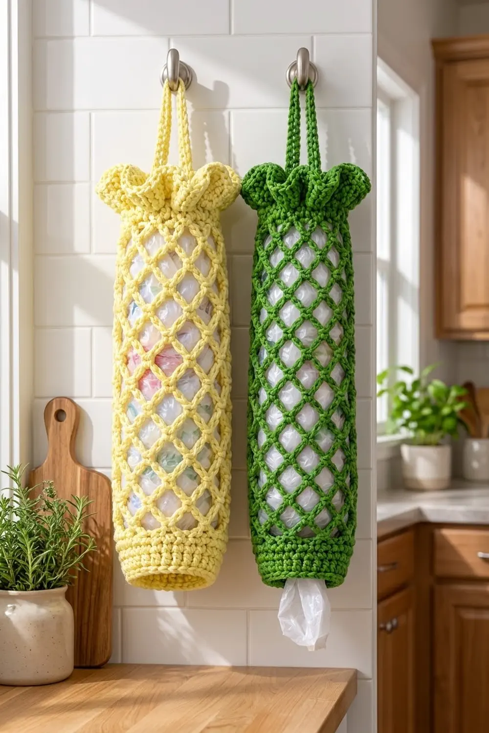 Two crocheted pineapple-shaped produce bags in yellow and green hang on white subway tile in a bright kitchen.