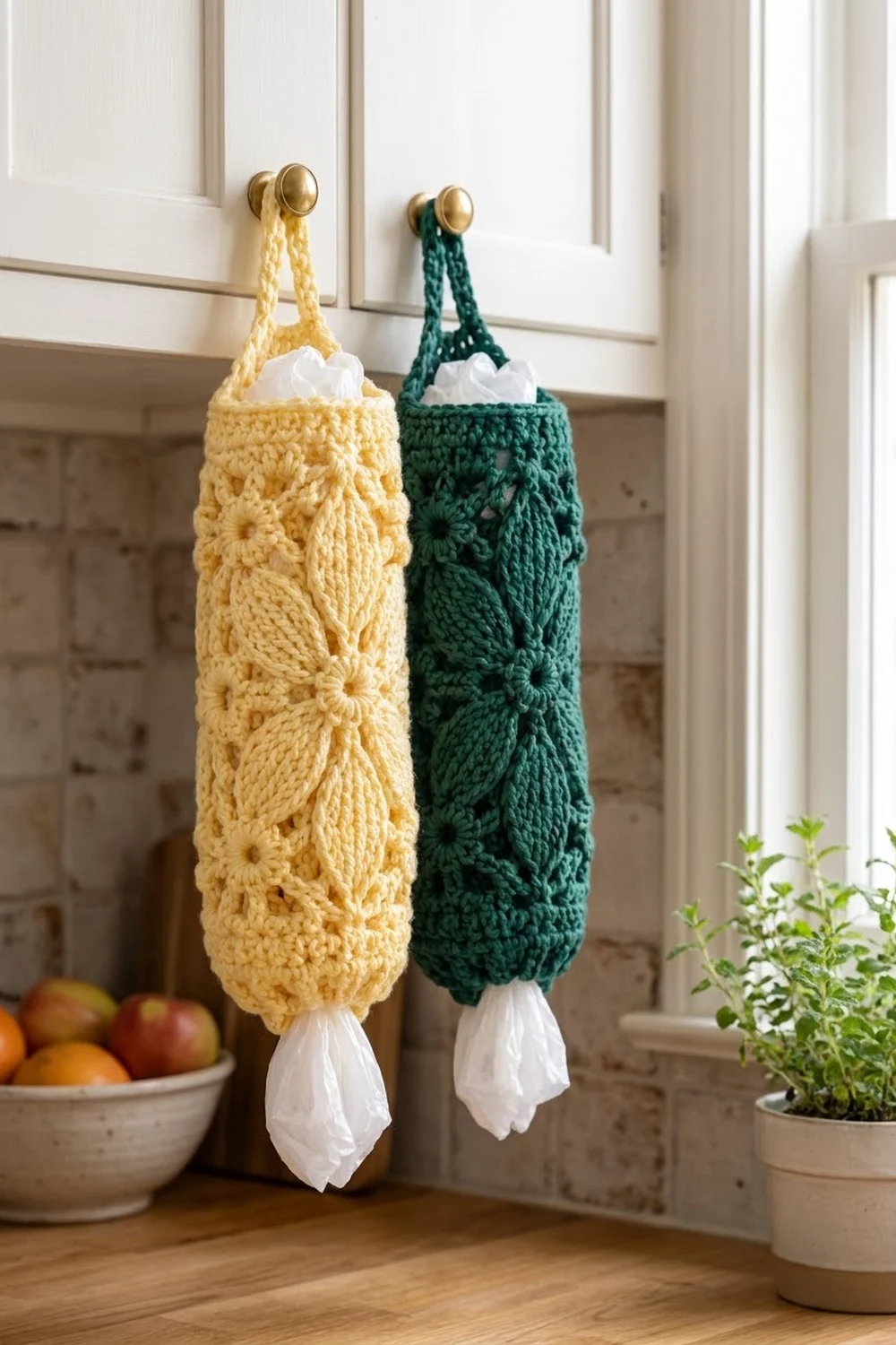 Two crocheted produce bags in yellow and green hang from brass knobs on white cabinet doors in a kitchen.