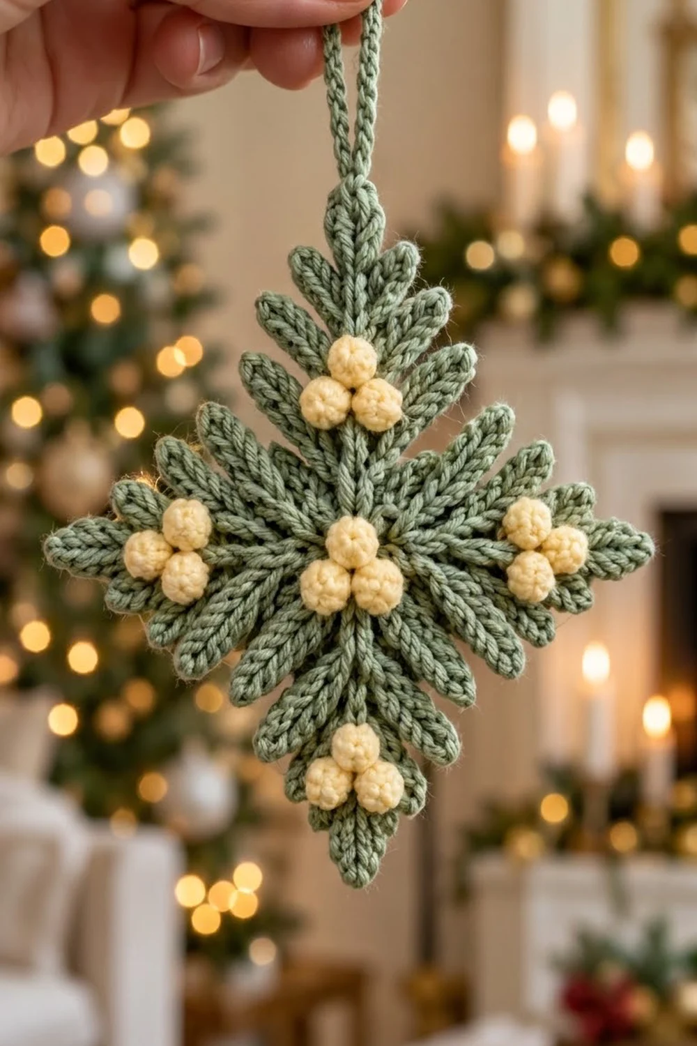 A hand-held crocheted snowflake ornament in sage green with cream beads, hanging in a festive holiday setting.