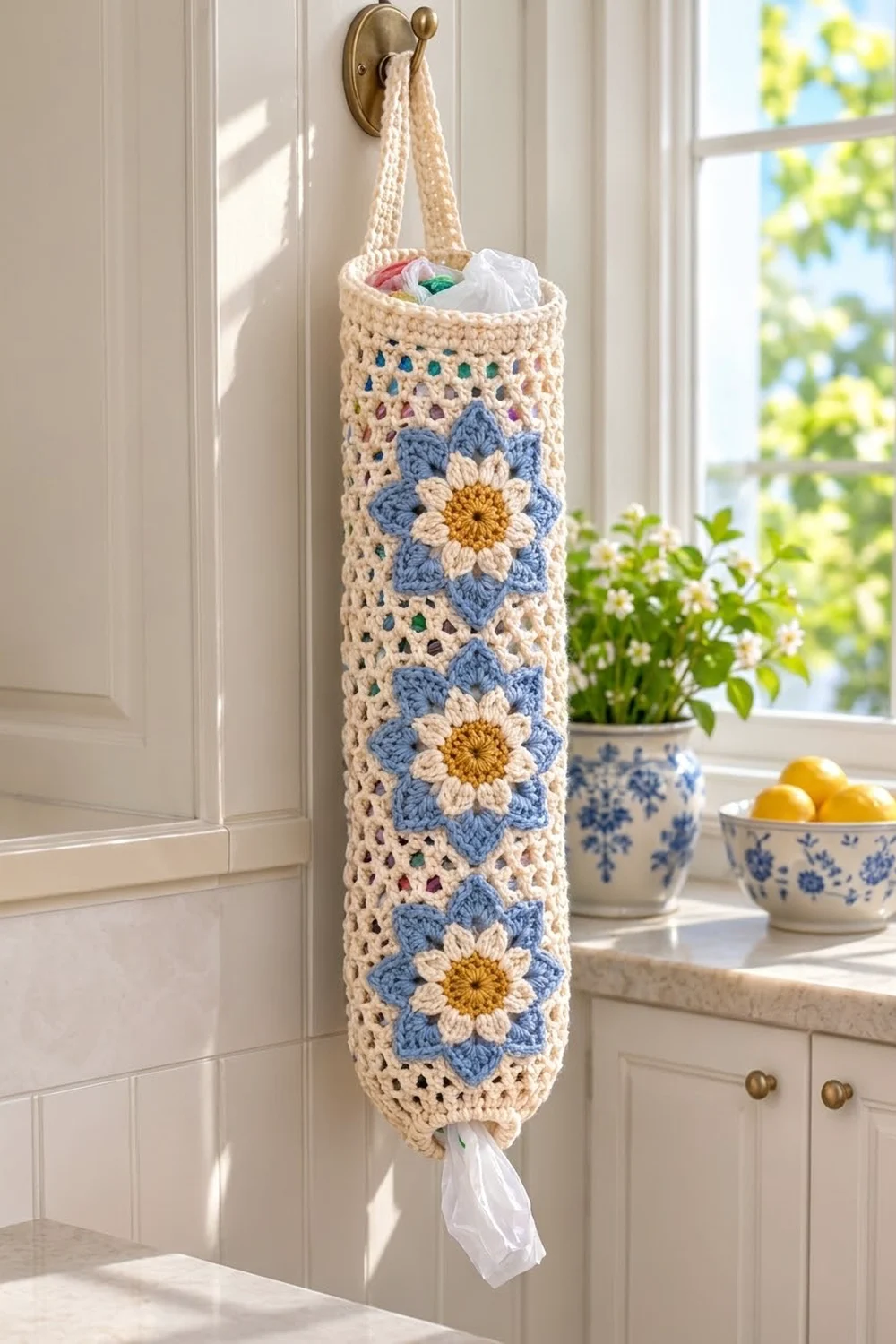A crocheted cream and blue floral bag hanging from a brass hook holds colorful items in a bright kitchen window.