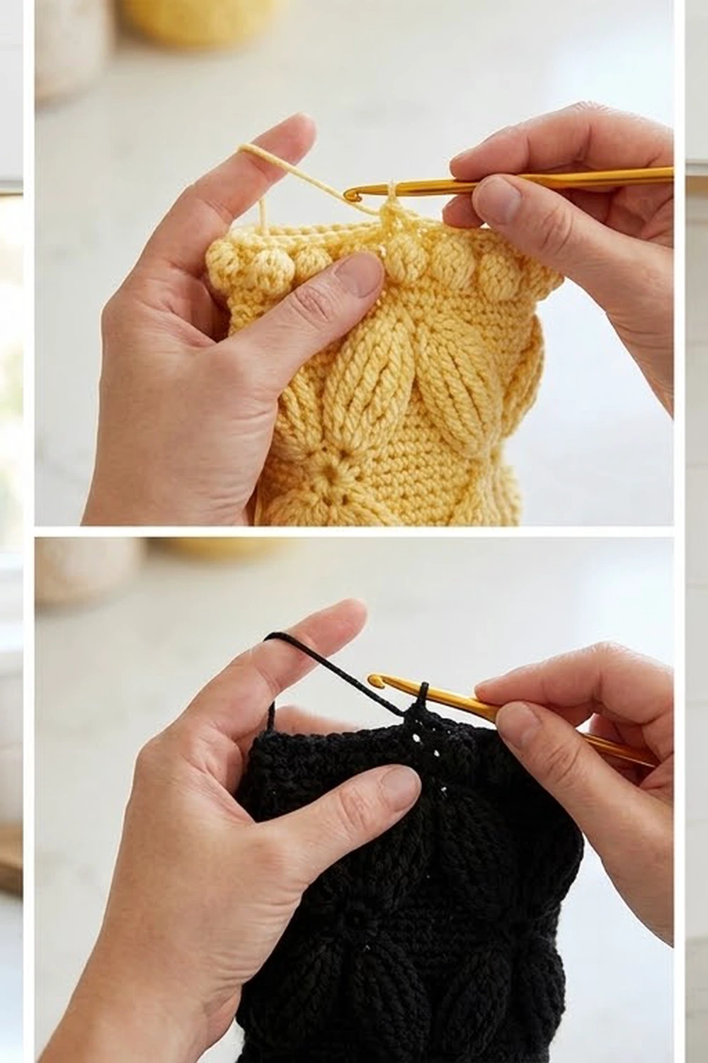 Two hands demonstrate crocheting with a golden hook on yellow and black yarn pieces.