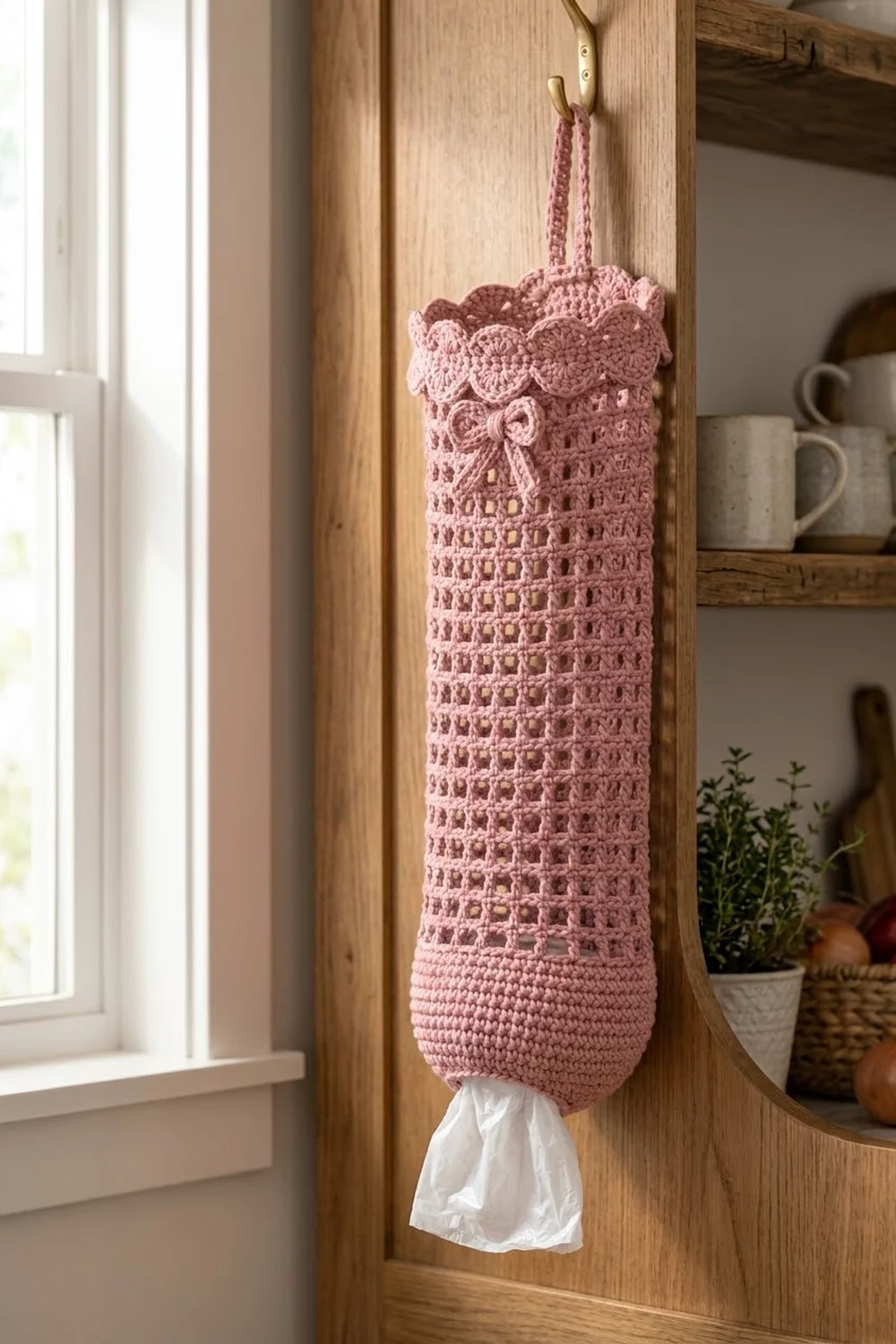 A pink crocheted tissue holder with a bow detail hangs from a wooden door next to a window.