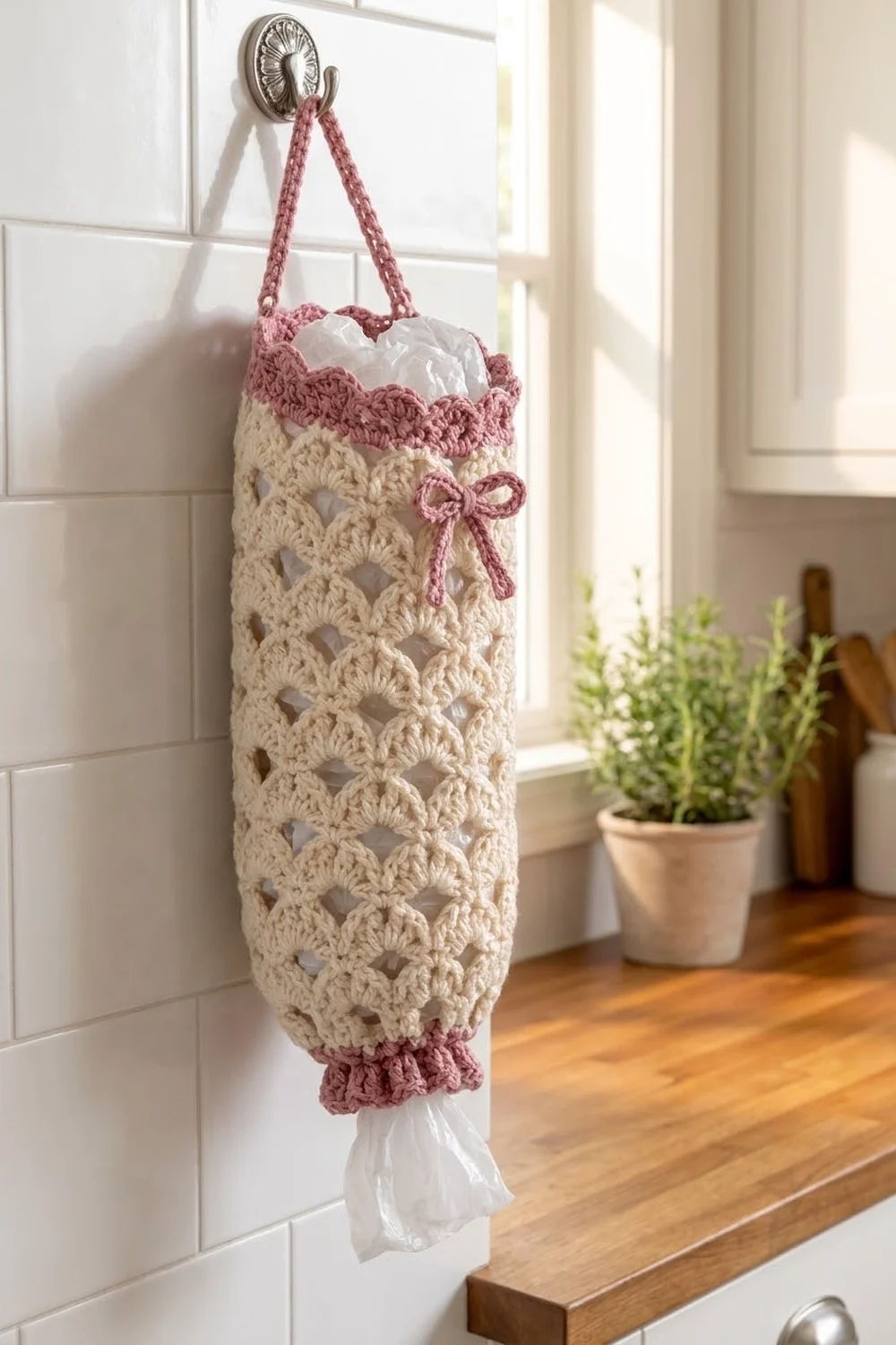 A cream and mauve crocheted plastic bag holder hangs from a decorative hook on a white tiled bathroom wall.