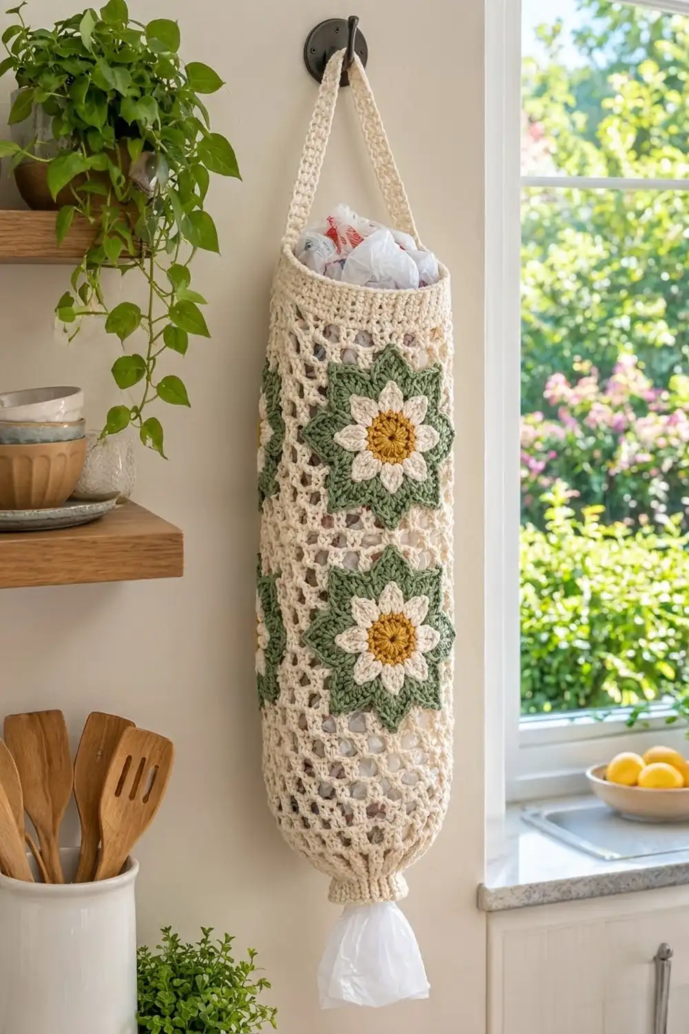 A crocheted cream storage bag with green and yellow daisy flowers hanging in a bright kitchen window.