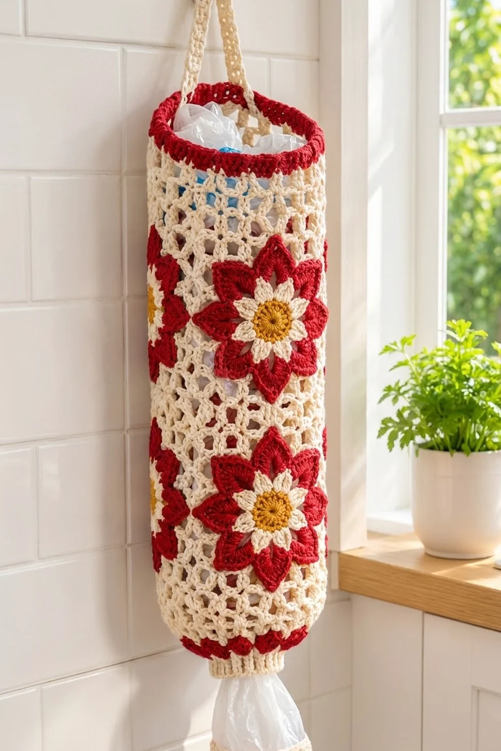 A crocheted plastic bag holder with red flowers and cream lace hanging by a window beside a potted plant.