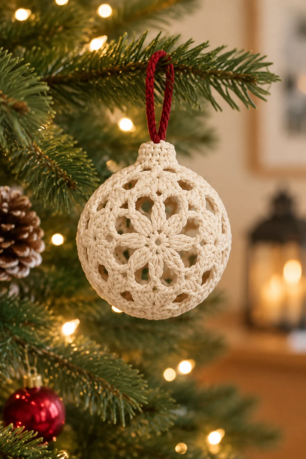 A cream crocheted snowflake ornament with red ribbon hangs on an evergreen tree branch beside warm lights.