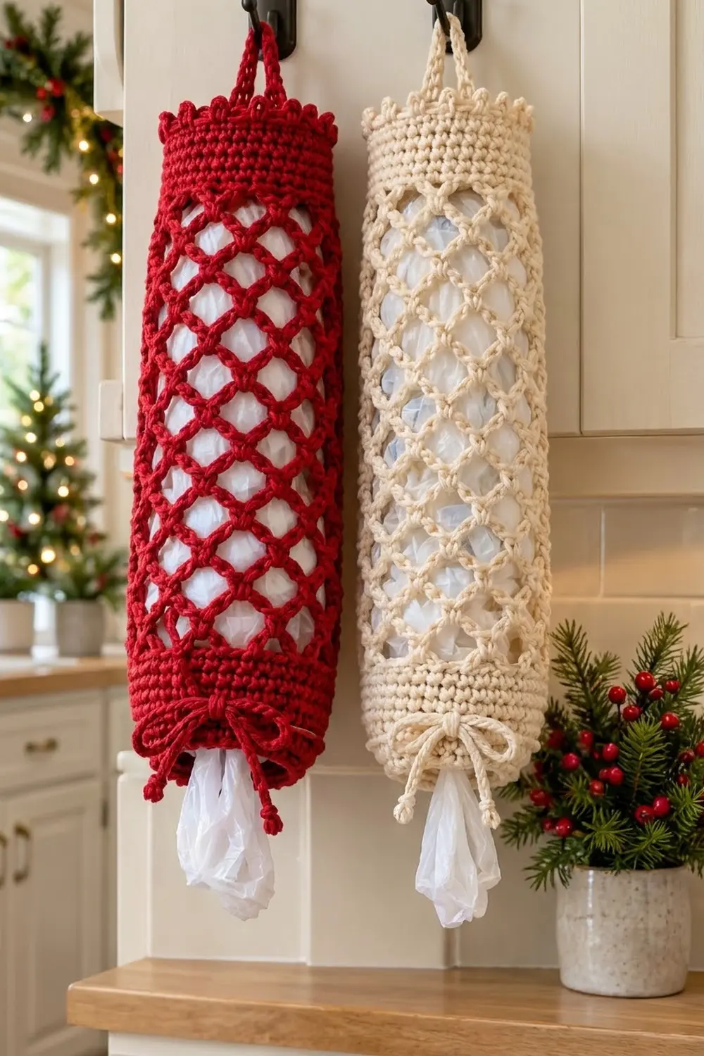 Two crocheted tissue holder bags in red and cream hang from hooks above a wooden counter with holiday decorations.