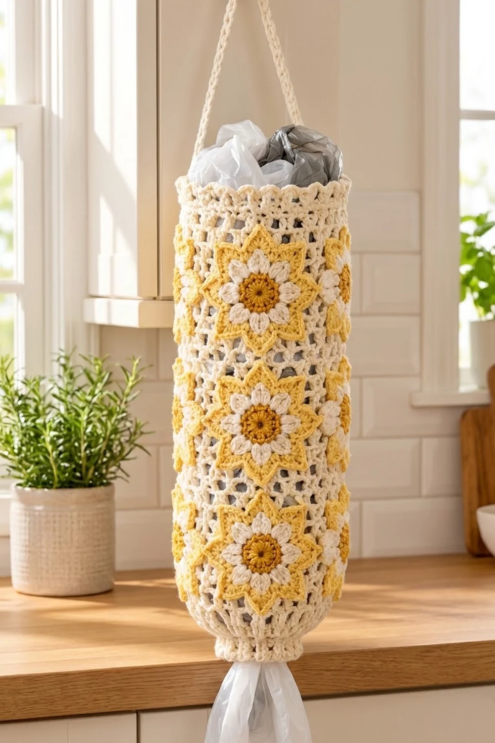 A crocheted hanging organizer with yellow and cream flowers holds plastic bags in a sunlit kitchen window.
