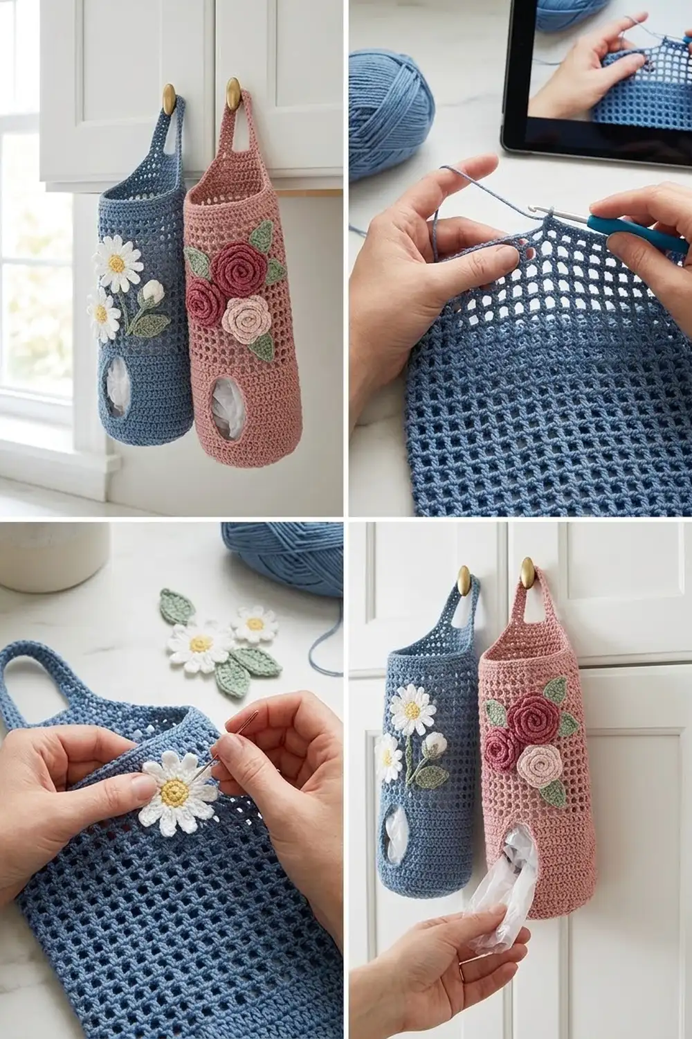 Crocheted tissue holders in blue and dusty rose with appliqué flowers hanging on white cabinet doors.