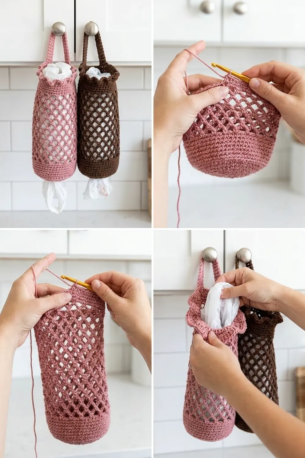 Crocheted mesh produce bags in pink and brown hanging on white cabinet doors with tissue inside.