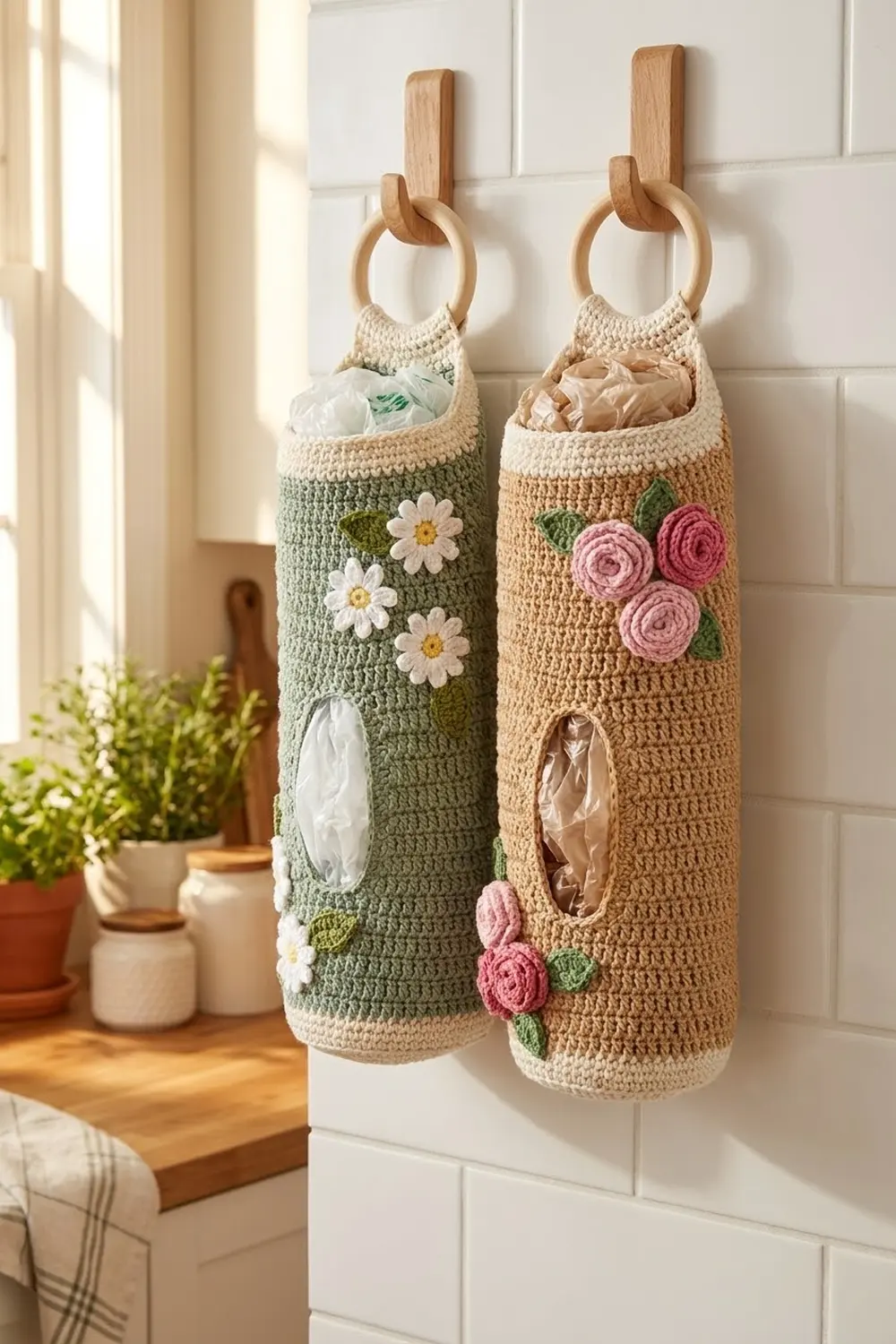 Two crocheted hanging organizers with floral appliqués mounted on a white paneled wall in a sunlit bathroom.