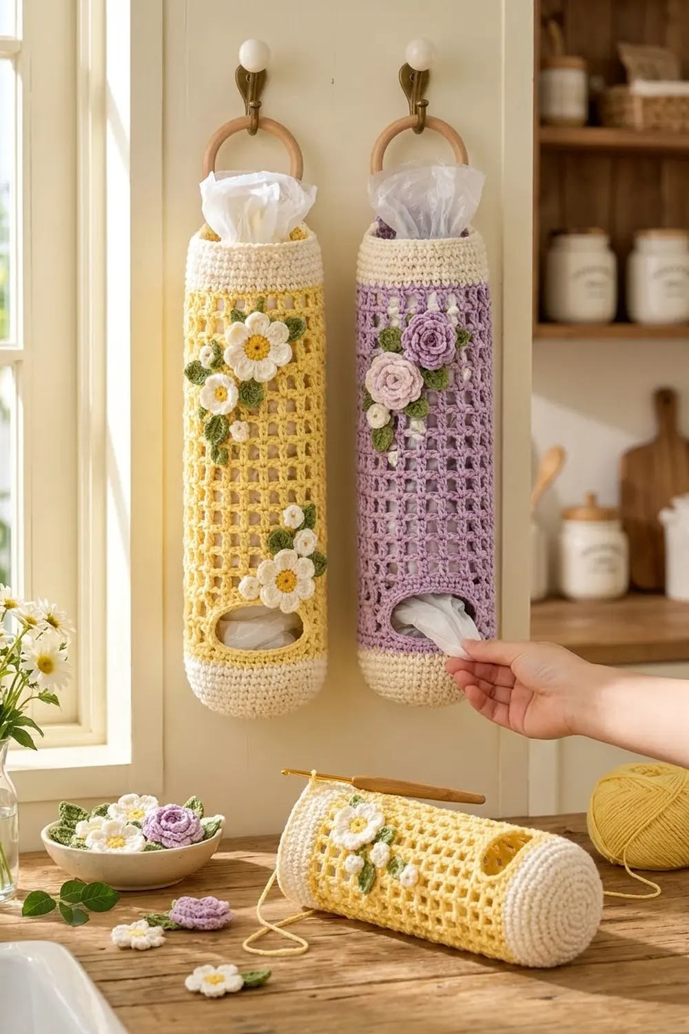 Two crocheted tissue holder dispensers with floral appliqués hanging on a bathroom wall beside a sink.