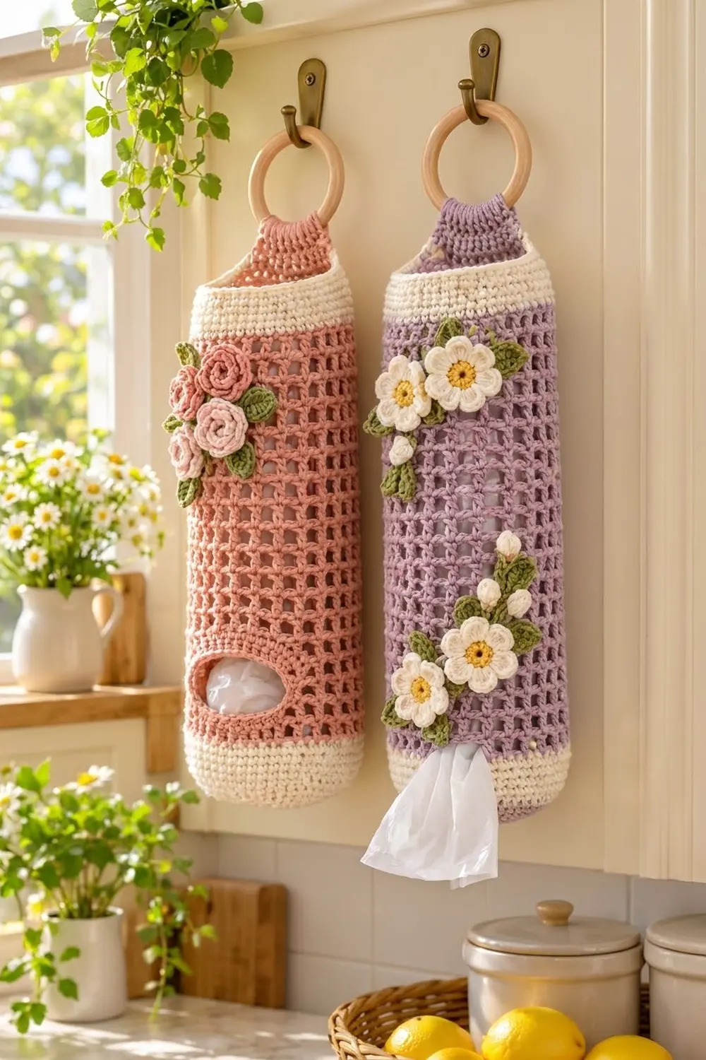 Two crocheted tissue holders with wooden rings hang on a sunny kitchen wall, decorated with pink and purple flowers.