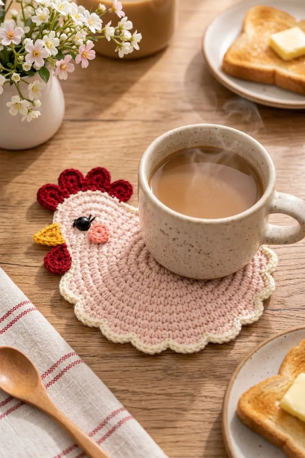 A crocheted chicken coaster in pink and cream holds a speckled mug of coffee on a wooden breakfast table.