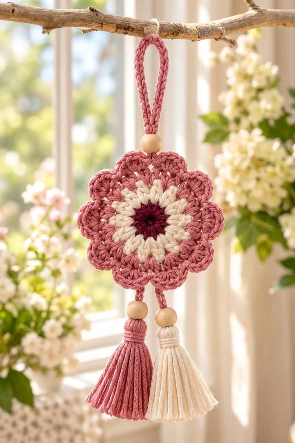 A crocheted pink and cream flower ornament with wooden beads and tassel details hangs from a branch near a sunny window.