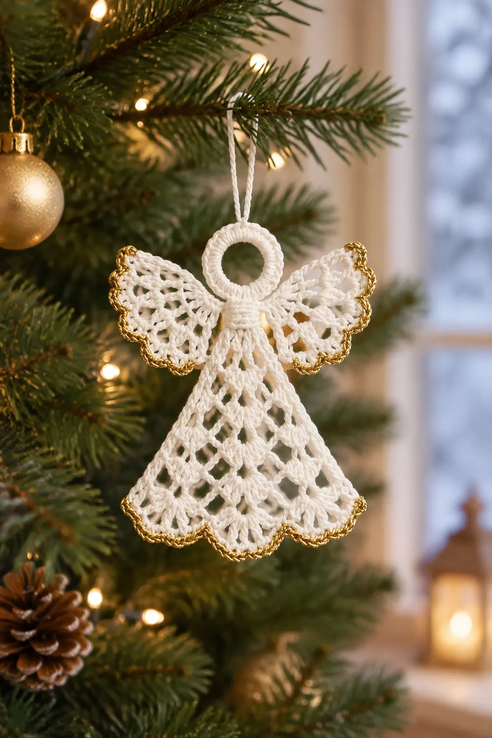 A delicate white crocheted angel ornament with gold-trimmed wings hangs from an evergreen branch among warm lights.