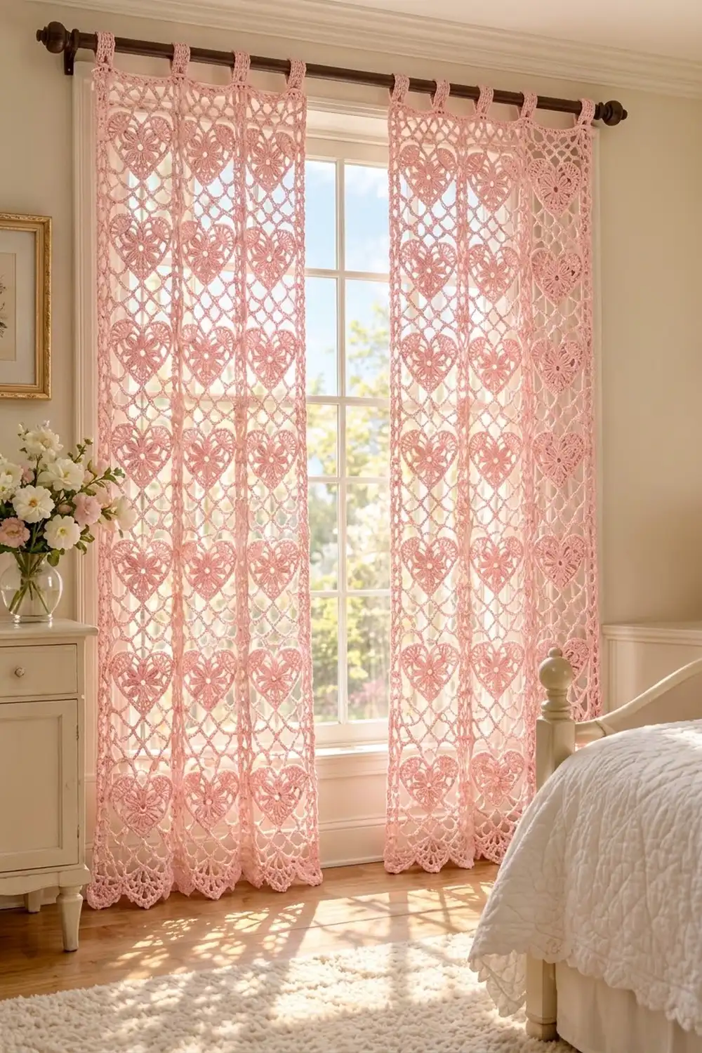 Pink lace curtains with heart patterns hang on a bedroom window above a bed with white bedding.