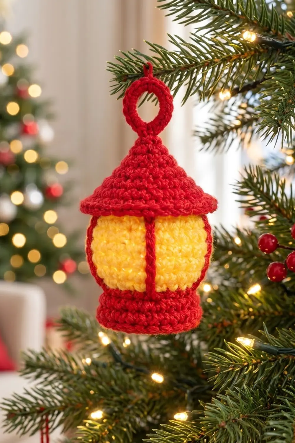 A red crocheted lantern ornament with yellow window panels hanging from an evergreen Christmas tree branch.