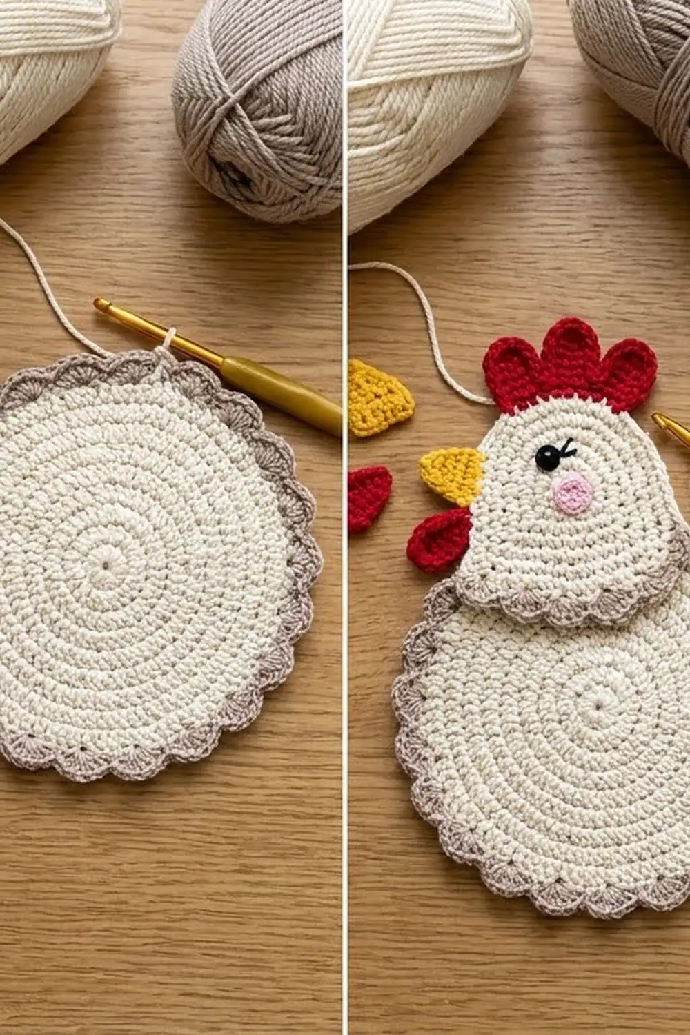 A crocheted rooster coaster with red comb and yellow beak beside its plain circular version on wooden surface.