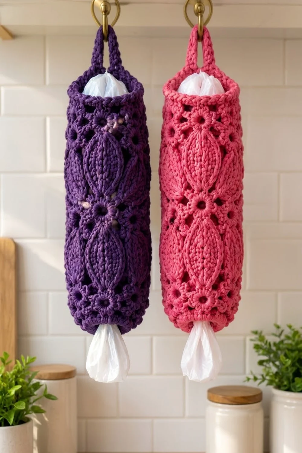 Two crocheted tissue holders in purple and pink hang from brass rings in a white subway tile bathroom.