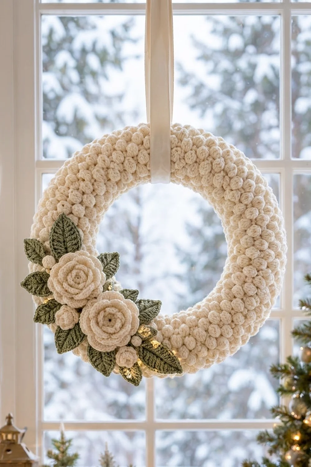 A cream crocheted wreath with green leaves and tan roses hangs on a snowy window.