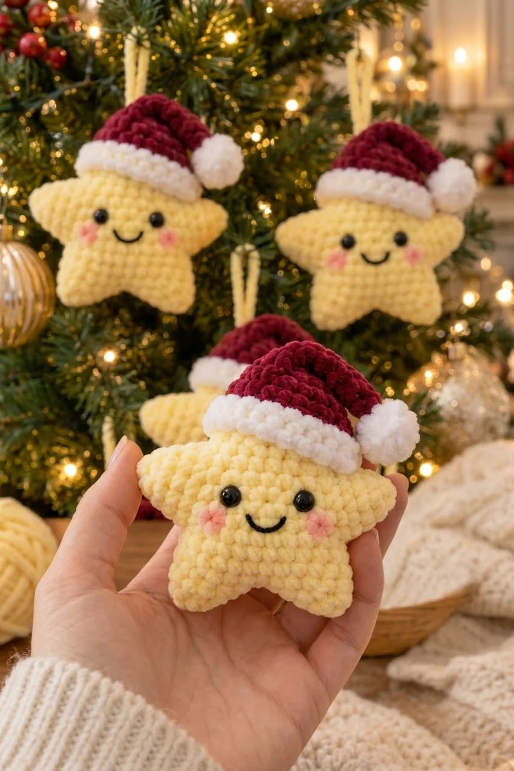 Hand holding a crocheted yellow star with burgundy Santa hat ornament among Christmas tree decorations.