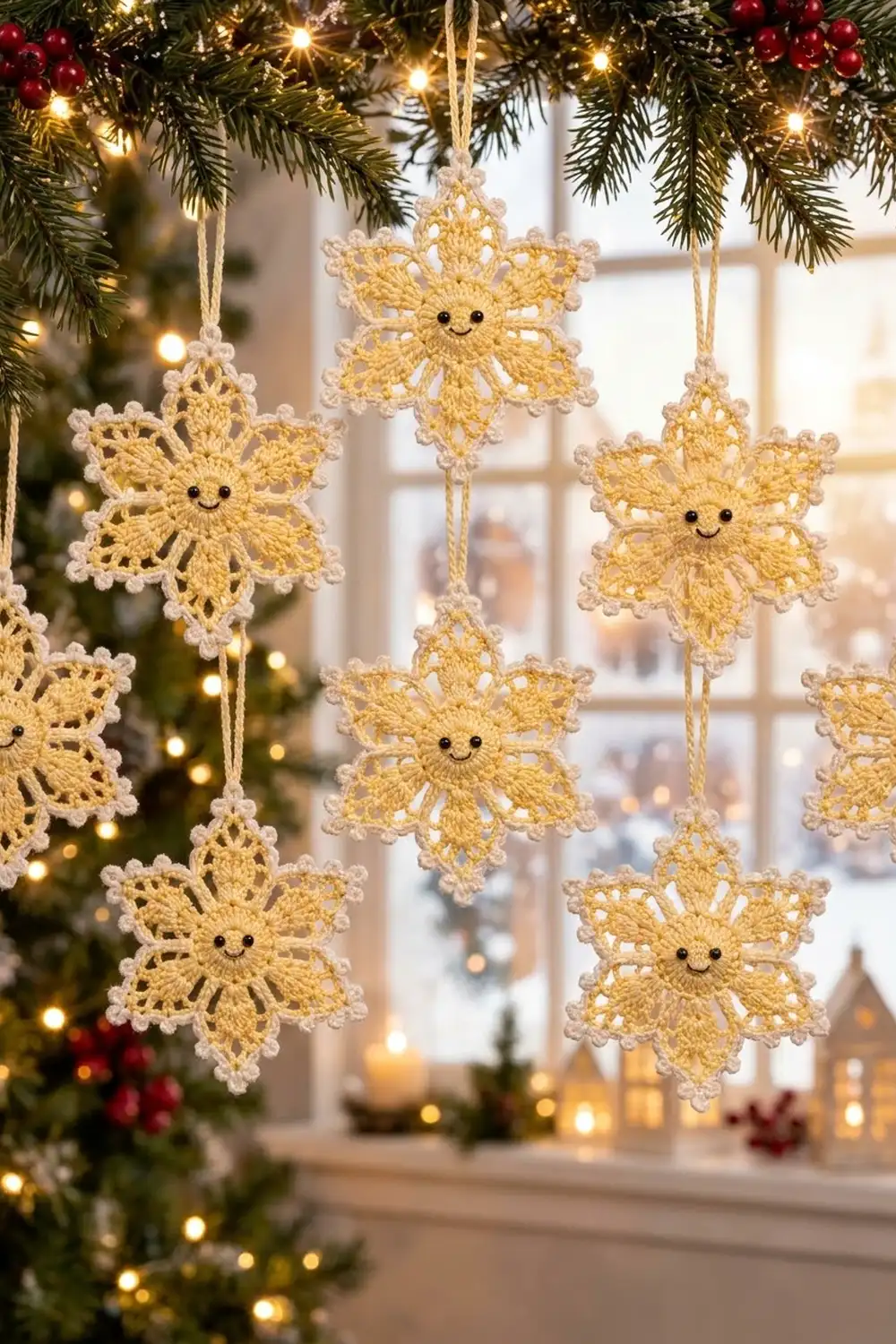 Crocheted golden snowflake ornaments with smiling faces hanging from twine in a festive window display.