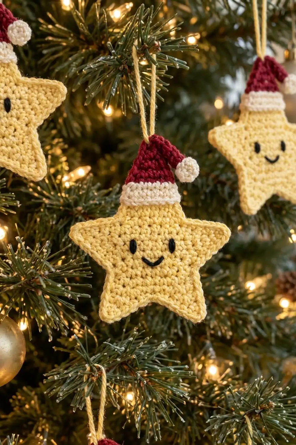 Crocheted yellow star ornaments with red Santa hats hanging on an evergreen Christmas tree with warm lights.