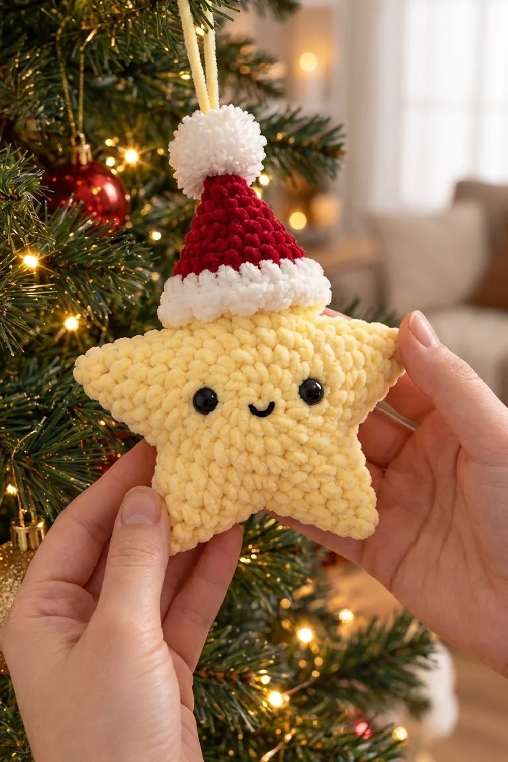 A crocheted yellow star ornament wearing a red and white Santa hat hangs on a Christmas tree with lights.