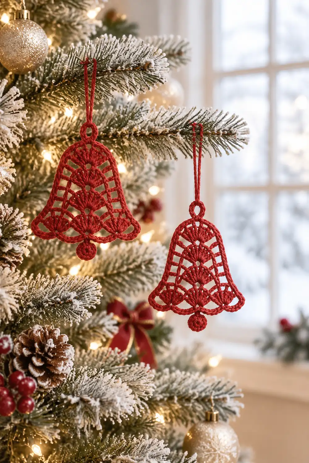 Two red crocheted bell ornaments hang from a frosted evergreen Christmas tree decorated with lights and gold baubles.