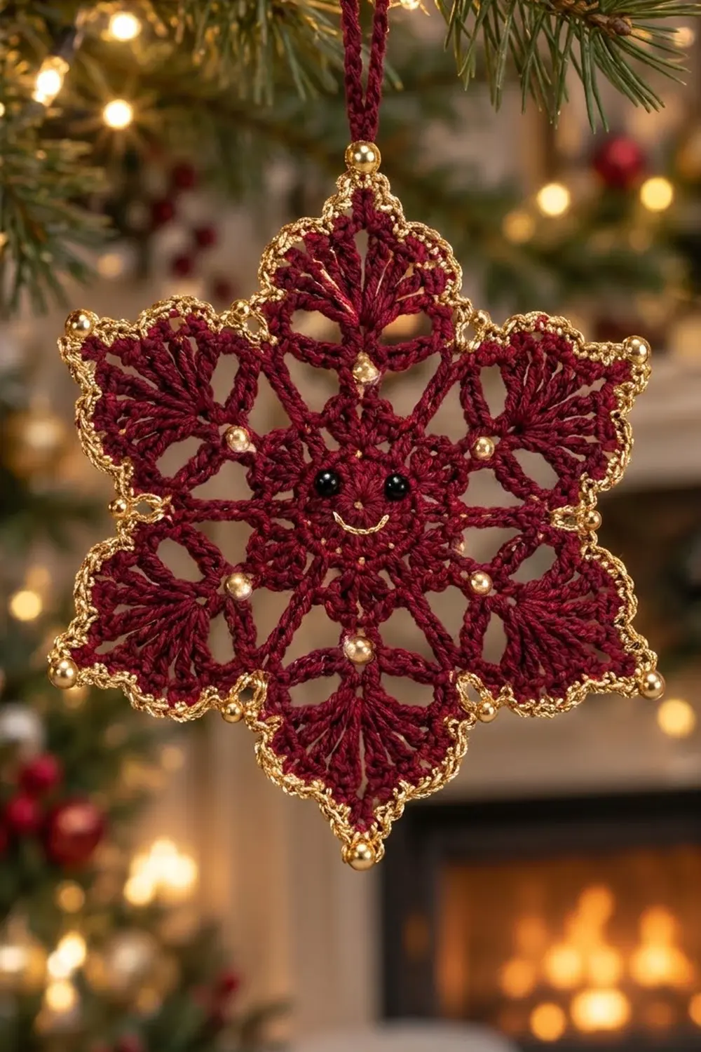 A burgundy crocheted snowflake ornament with gold beads and trim hangs from a red ribbon on a decorated Christmas tree.