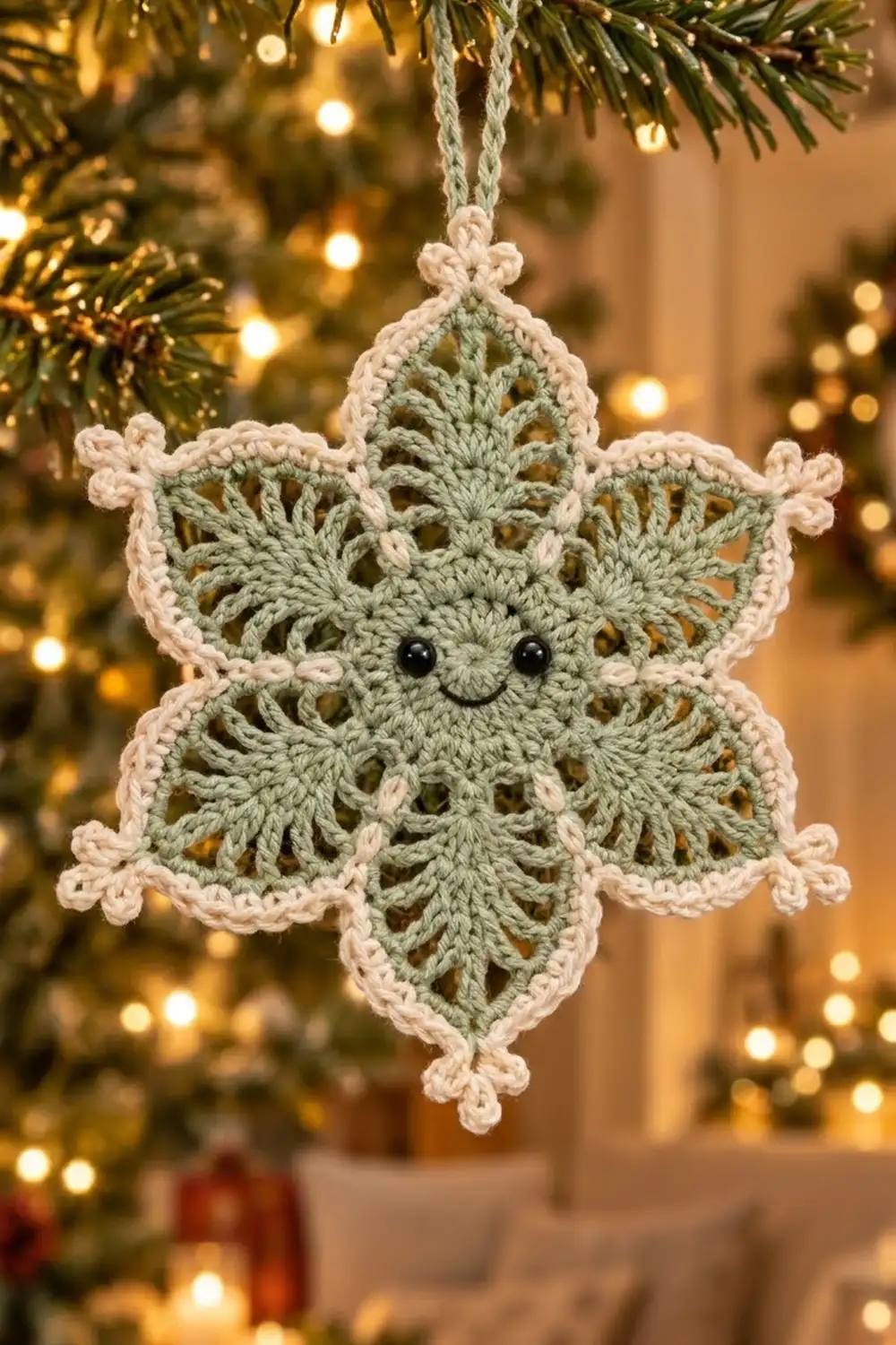 A crocheted snowflake ornament with a smiling face hangs from evergreen branches amid twinkling golden lights.