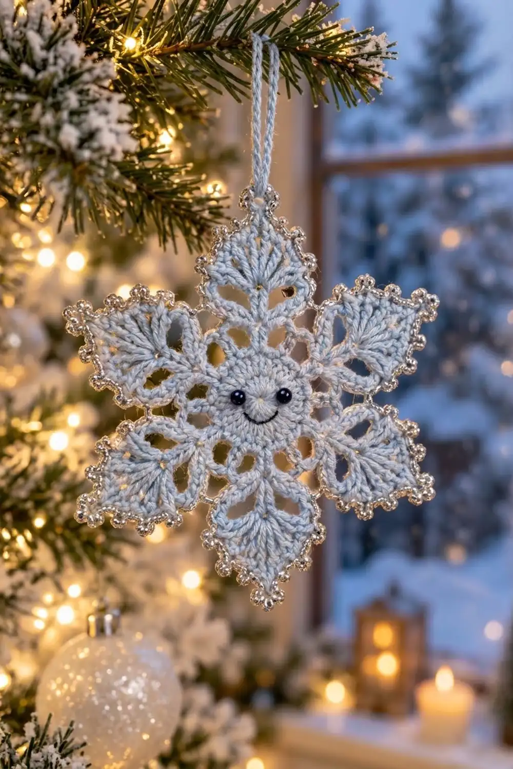 A crocheted snowflake ornament with a smiling face hangs from an evergreen branch adorned with warm golden lights.