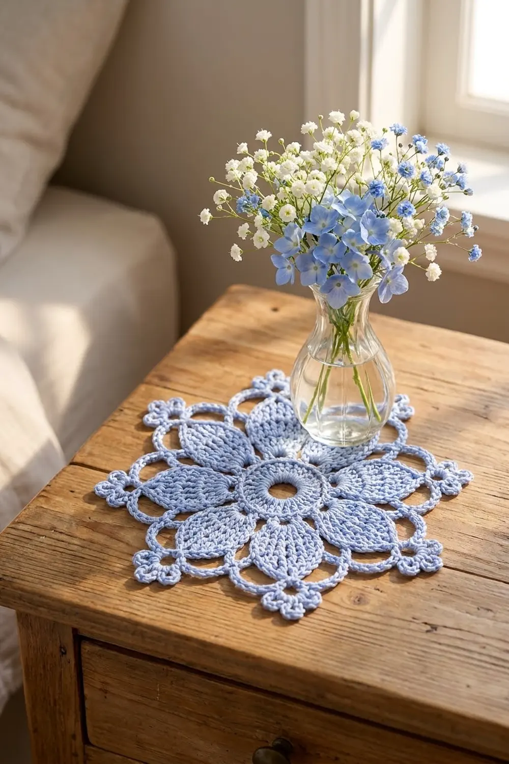 A light blue crocheted doily sits beneath a clear vase of white and blue flowers on a wooden table.