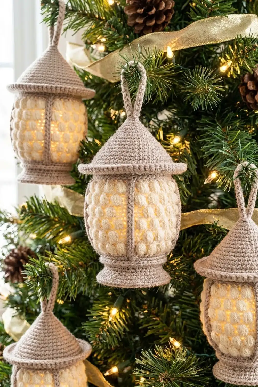 Crocheted lantern ornaments in beige and cream with pointed tops hanging on a decorated Christmas tree.