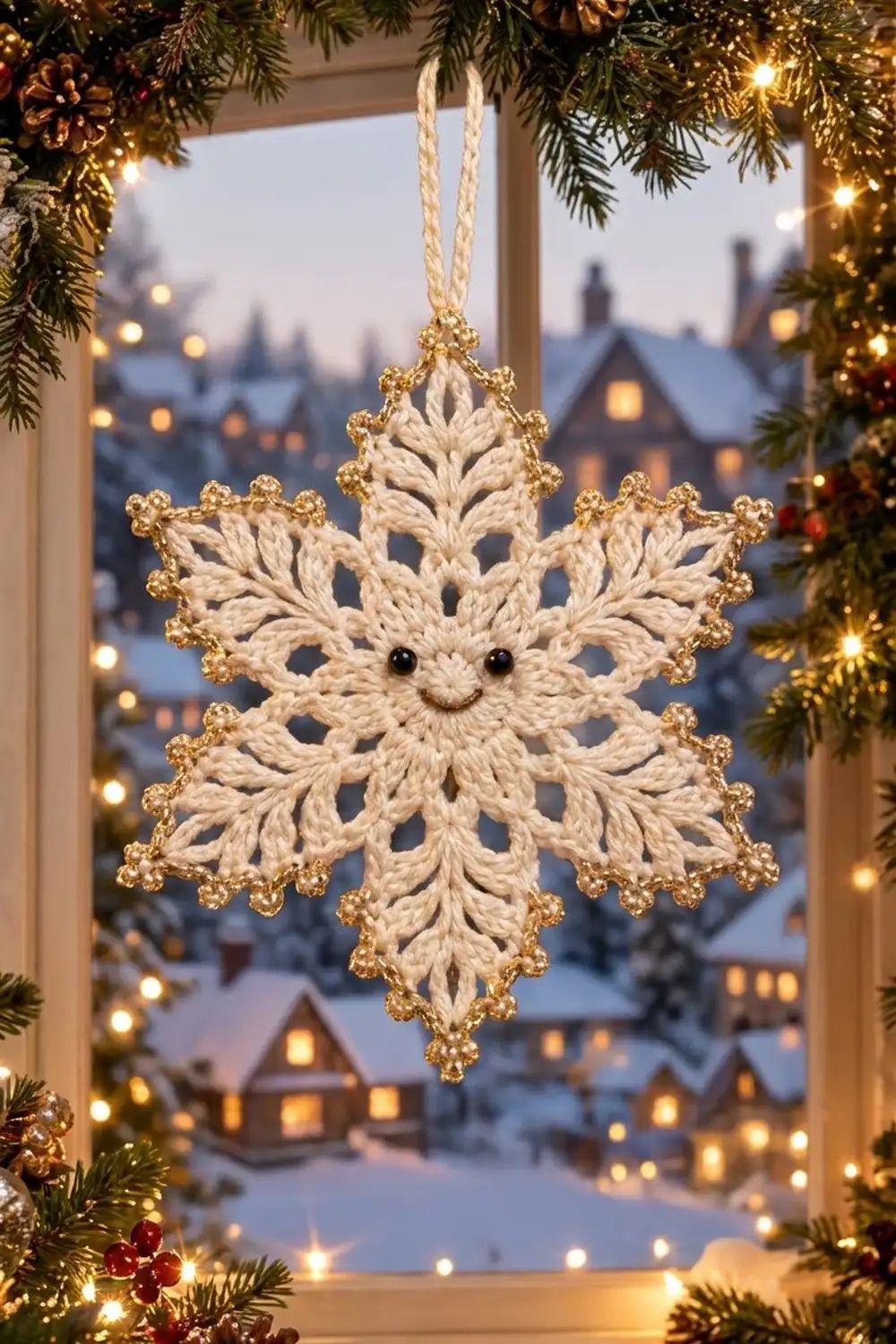 A crocheted cream snowflake ornament with gold beaded edges hangs in a window overlooking a snowy village at dusk.