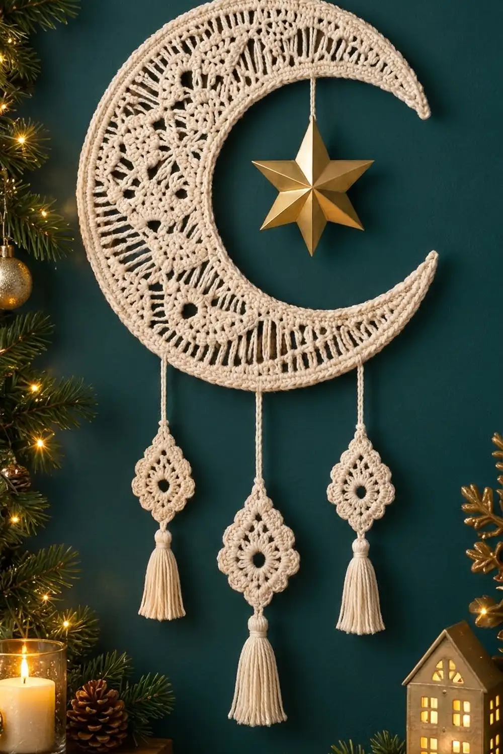 Crocheted moon dreamcatcher with gold star and tassels displayed against teal wall with holiday decorations.