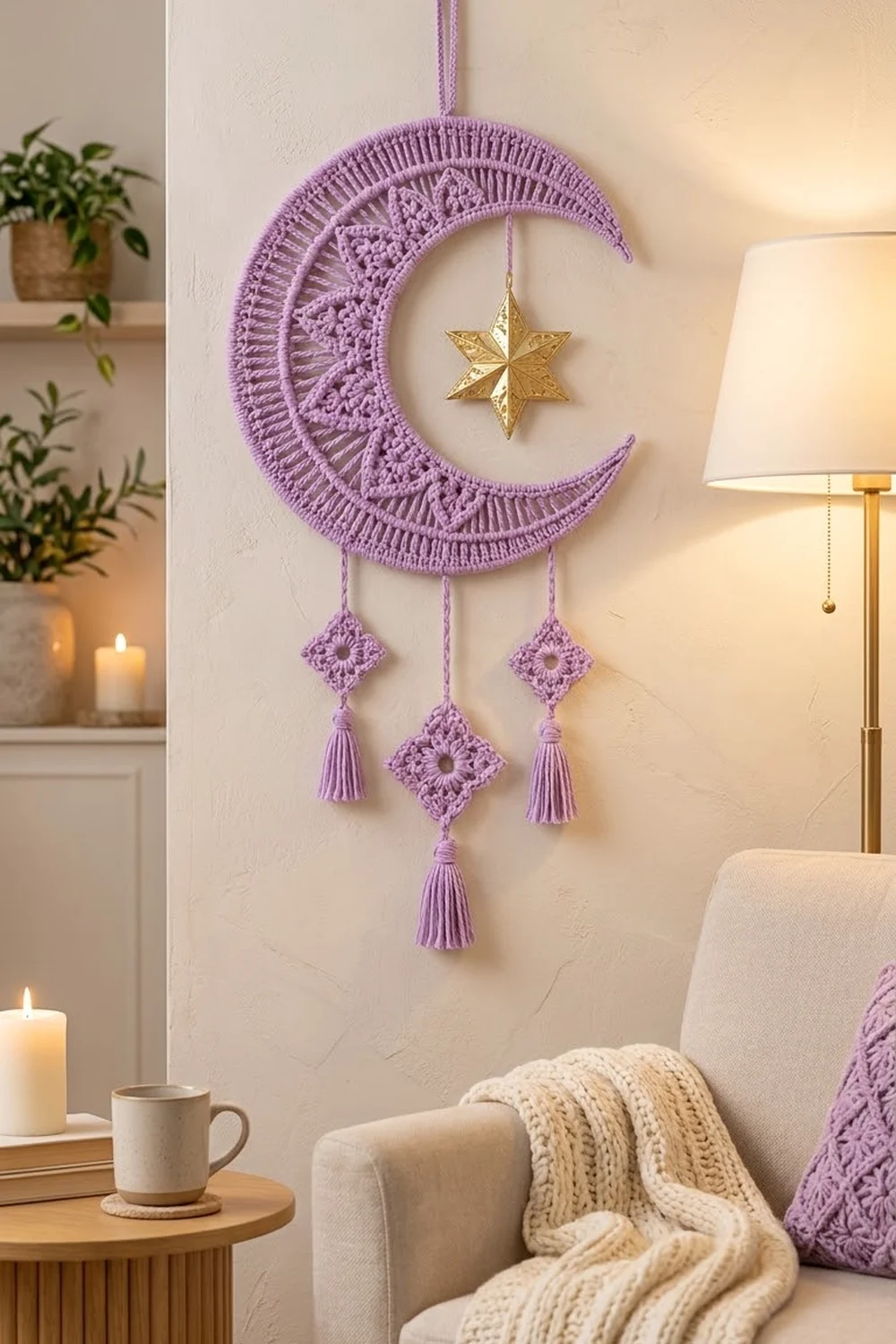 A purple crocheted moon dreamcatcher with a gold star hangs above a cream armchair in a cozy, candle-lit room.