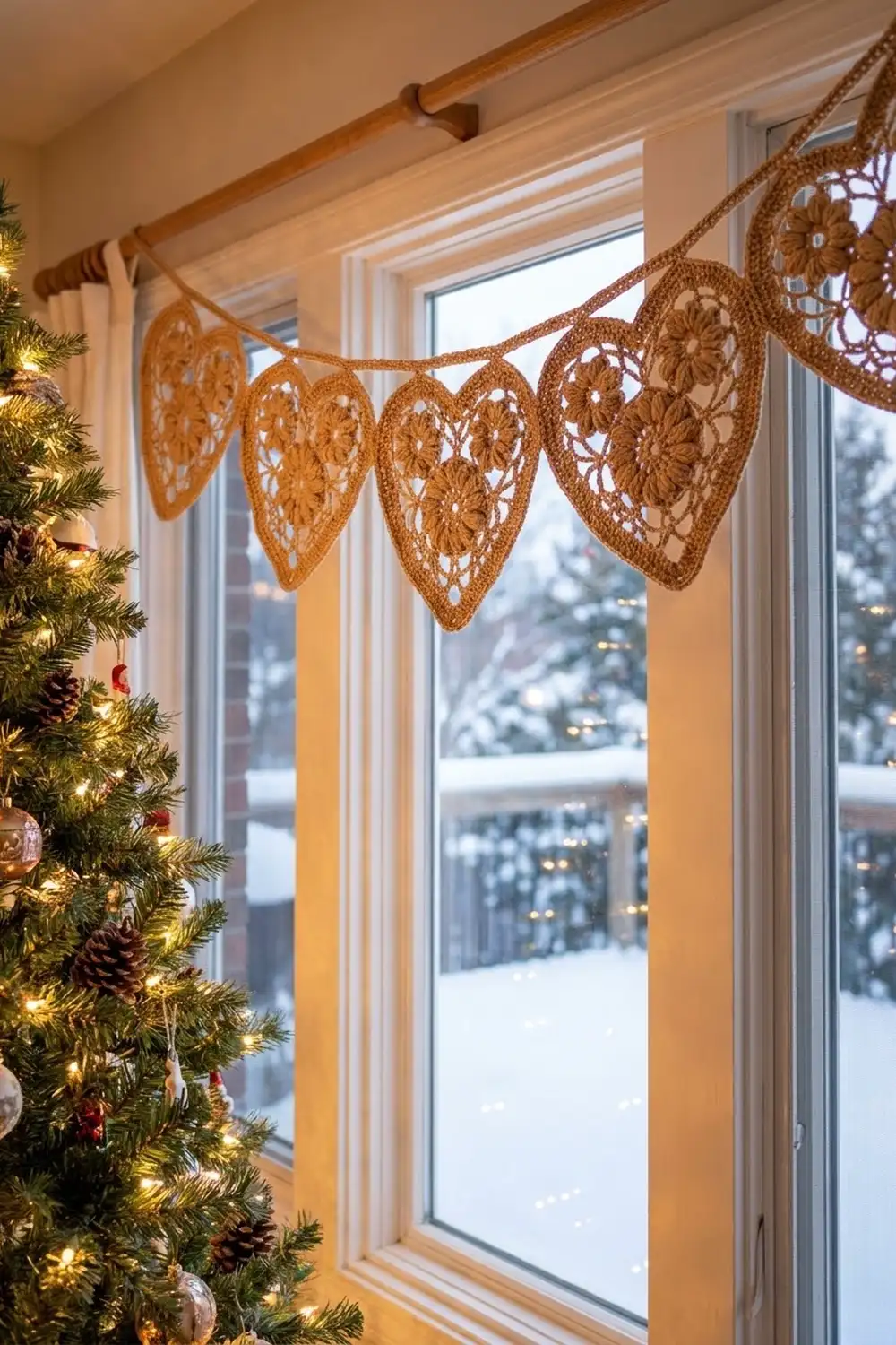 Crocheted heart garland in tan draped above a snowy window beside a decorated Christmas tree.