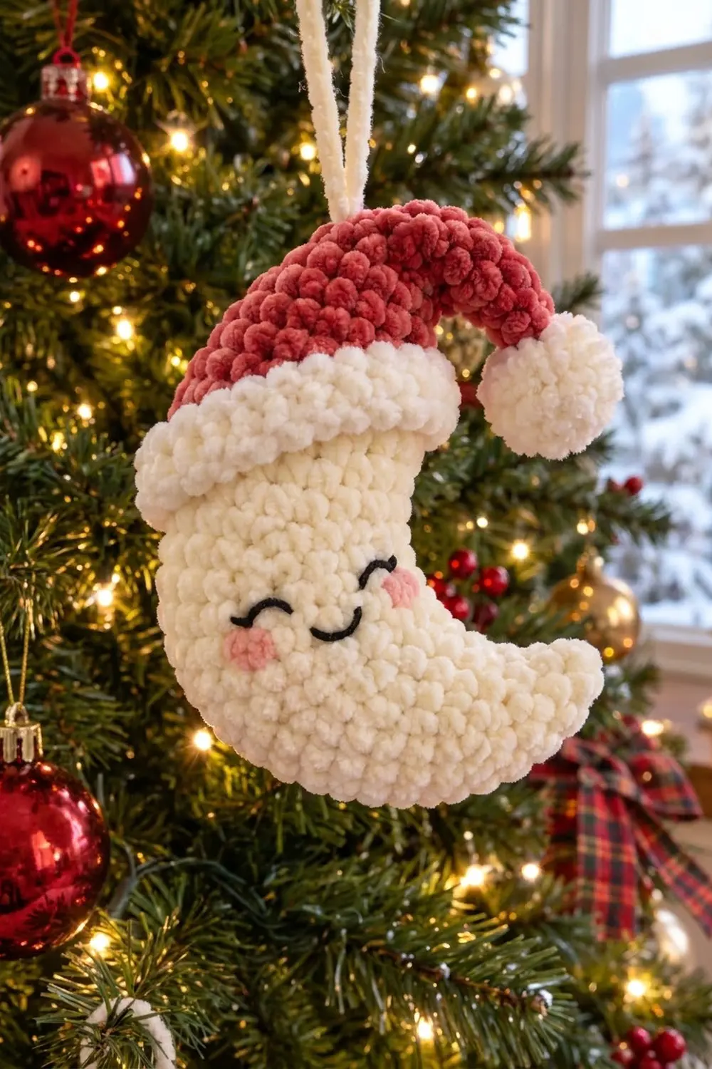 A crocheted Santa moon ornament with red hat and white face hangs from a ribbon on a decorated Christmas tree.