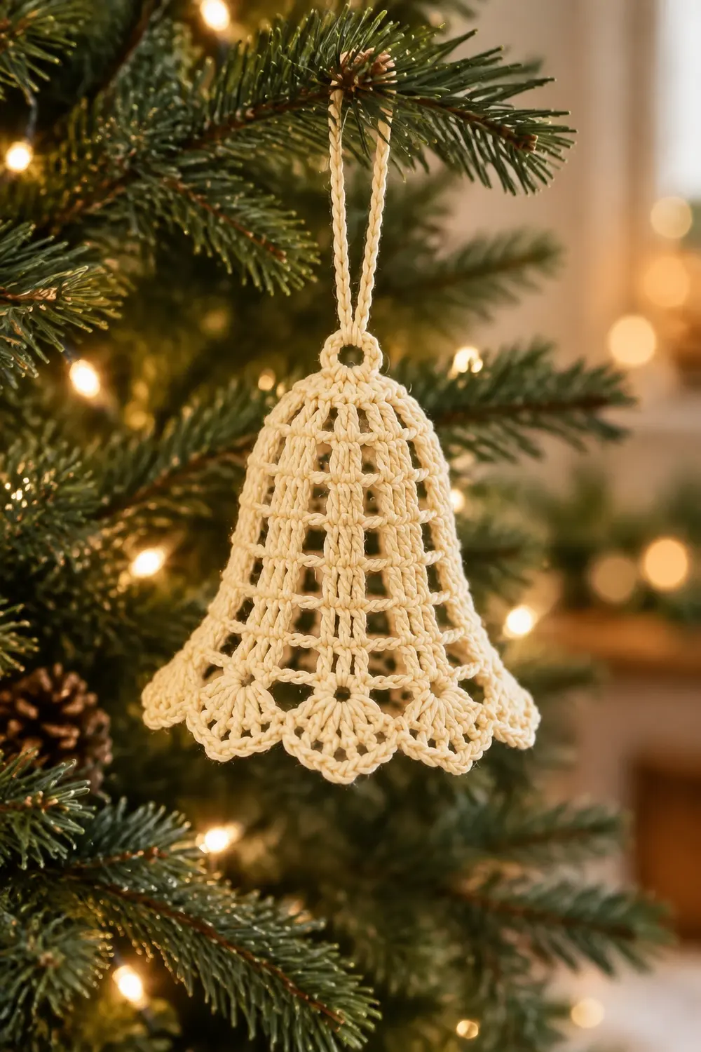 A cream-colored crocheted bell ornament hangs from twine on a Christmas tree branch with warm lights.