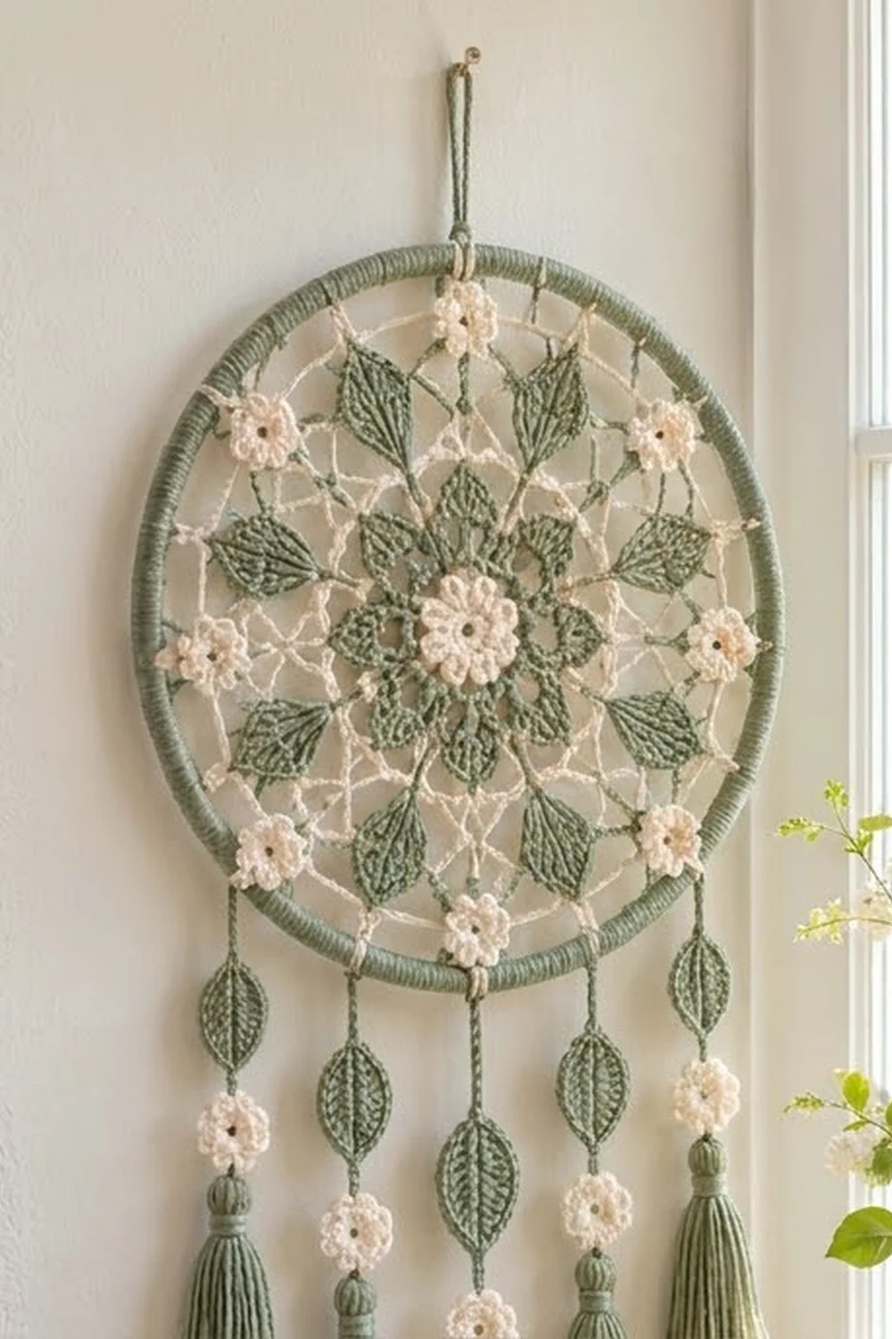 A sage green and cream crocheted dreamcatcher with leaf and flower motifs hangs on a beige wall beside a window.