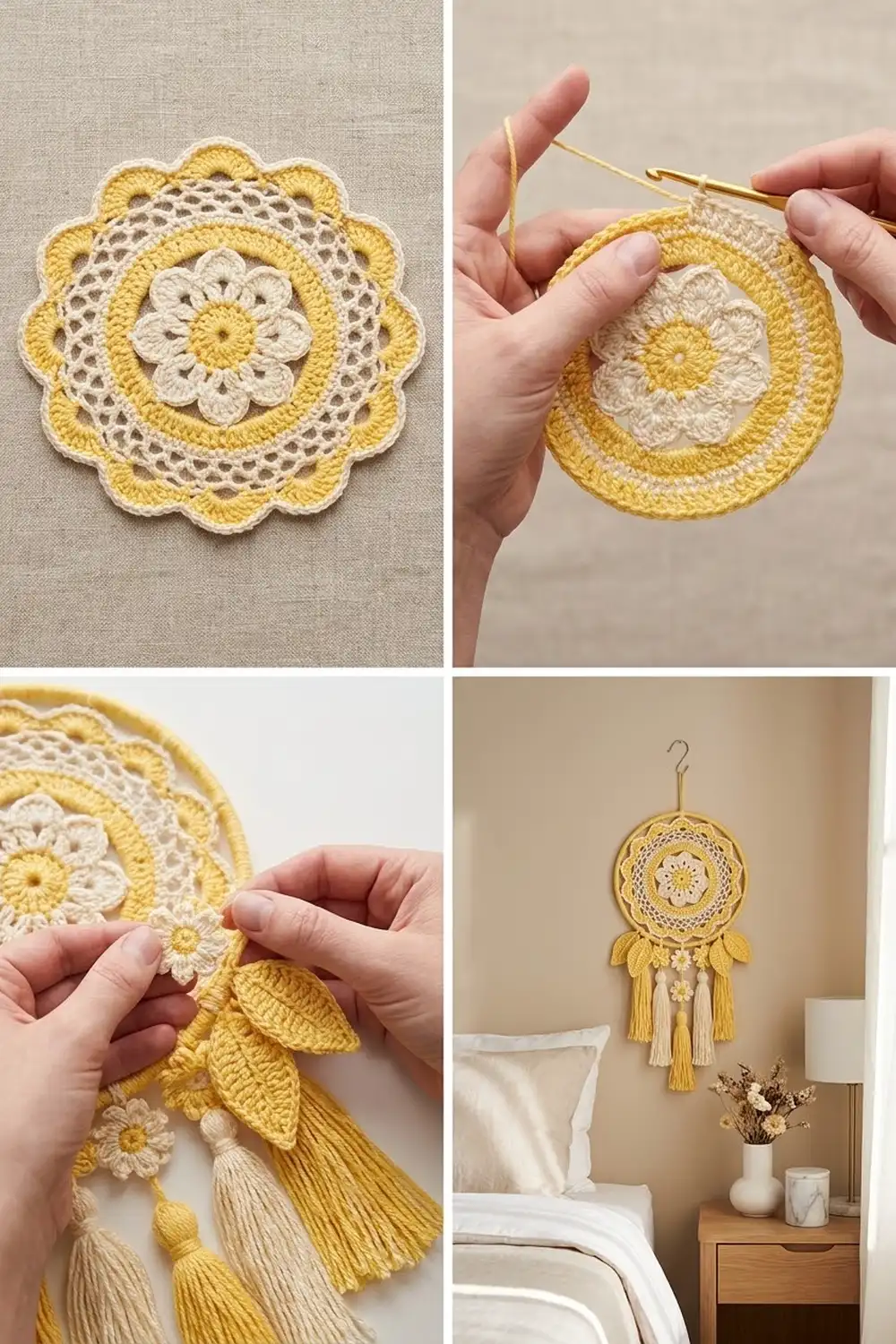 A crocheted yellow and cream mandala dreamcatcher with tassels displayed on a bedroom nightstand.