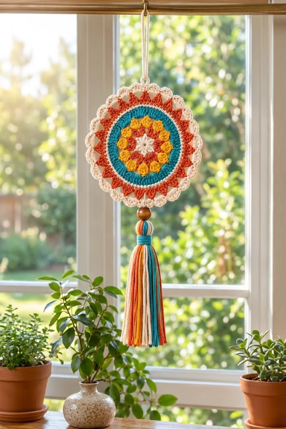 A colorful crocheted mandala ornament with cream, red, teal, and yellow hangs from a window with potted plants nearby.