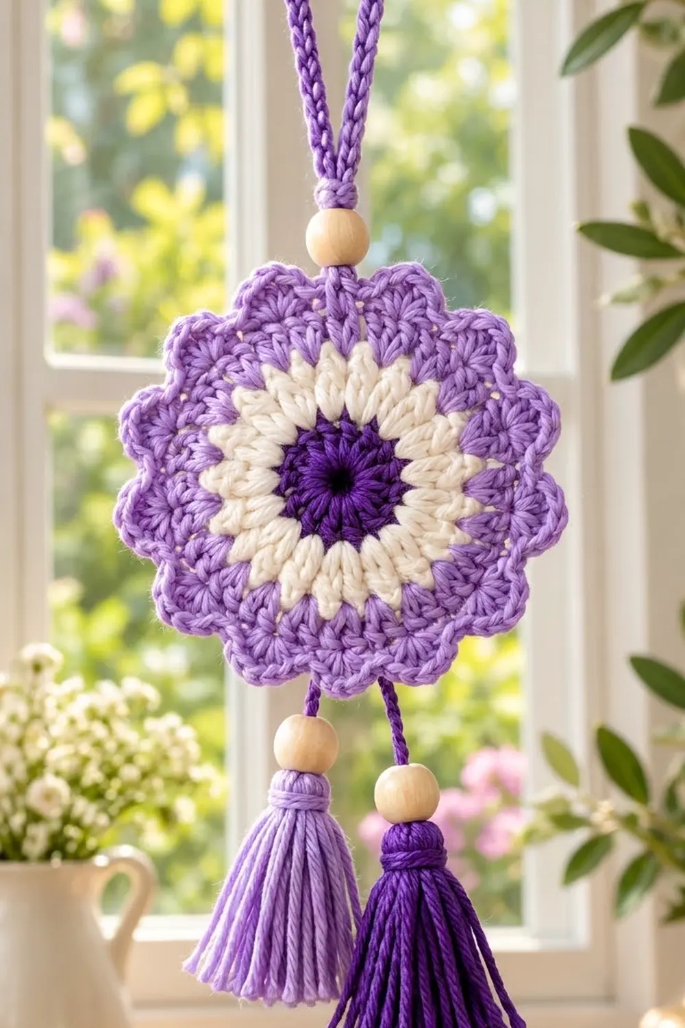 A purple and cream crocheted flower ornament with wooden beads and tassels hangs in a sunlit window.