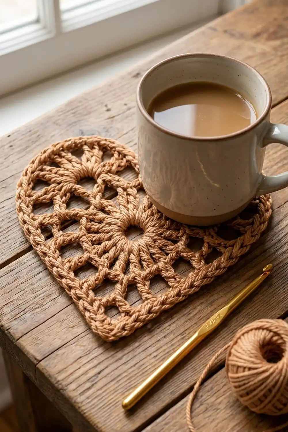 A cream ceramic mug with coffee sits on a heart-shaped crochet coaster beside jute twine on a wooden table.
