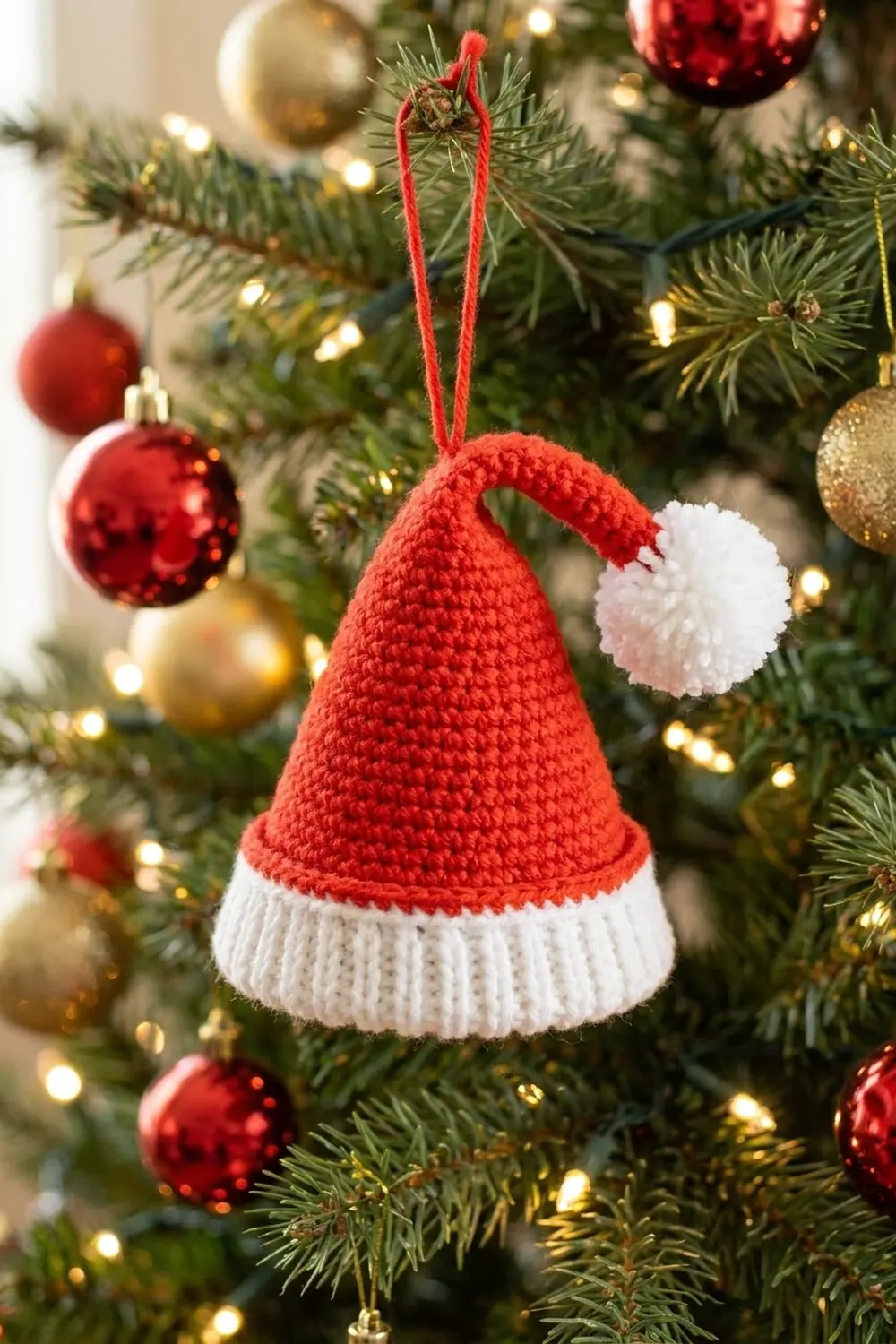 A red and white knitted Santa hat ornament hanging from a red string on a decorated Christmas tree with baubles and lights.